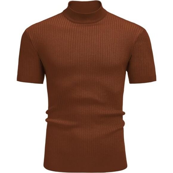 Men's Mock Turtleneck Sweater Short Sleeve Camel Brown - Picture 5 of 5